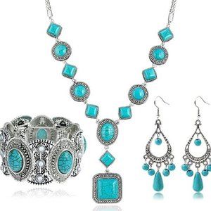 Boho Turquoise Bracelet Necklace Earrings Jewelry Set for Women